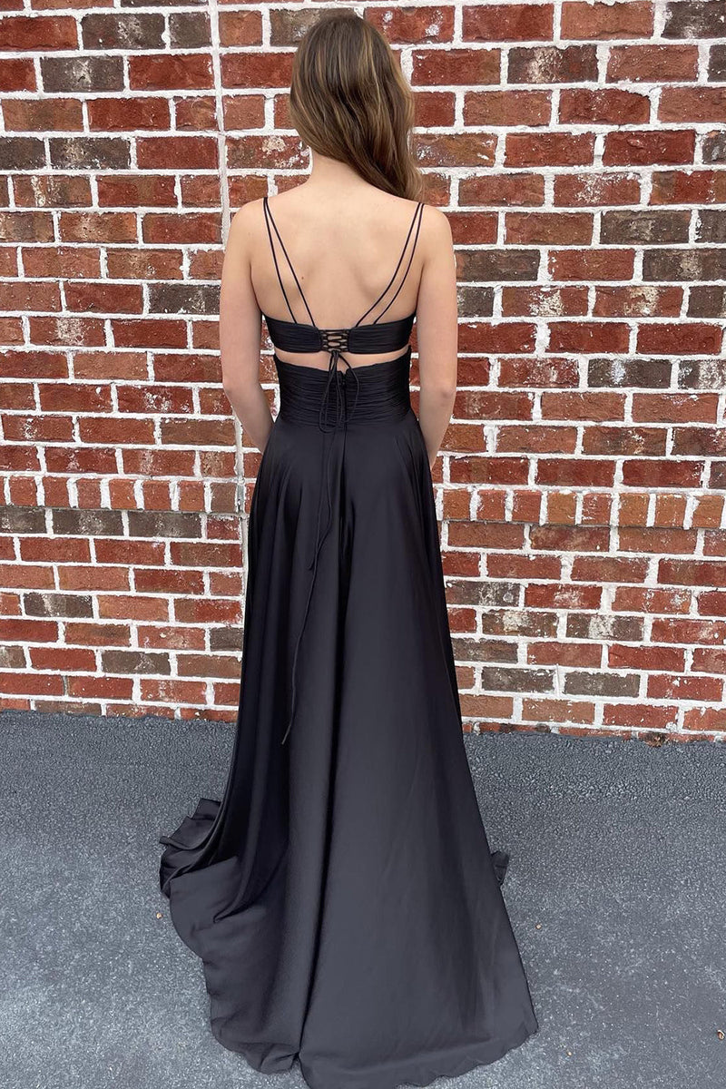 Load image into Gallery viewer, Black Spaghetti Straps Cut Out Long Formal Dress with Slit
