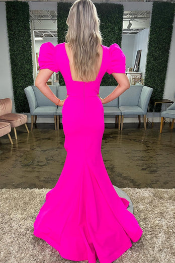 Hot Pink Mermaid Deep V Neck Long Formal Dress with Slit