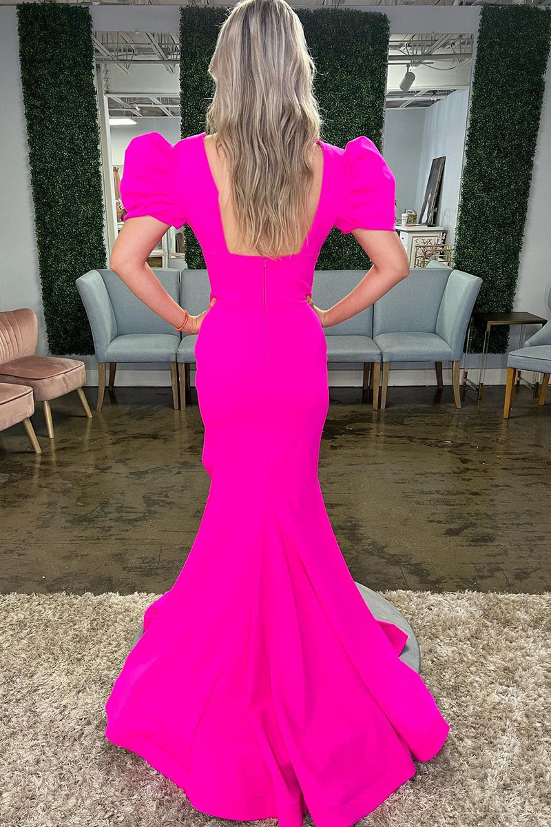 Load image into Gallery viewer, Hot Pink Mermaid Deep V Neck Long Formal Dress with Slit
