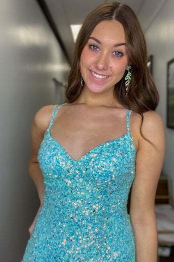 Sparkly Mermaid Sequins Sky Blue Long Formal Dress with Slit