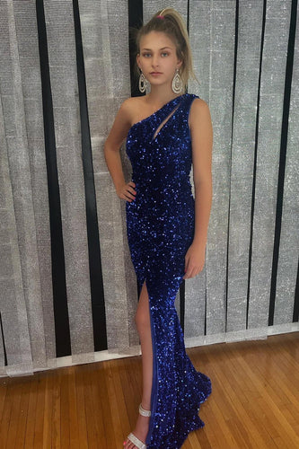 One Shoulder Sparkly Royal Blue Sequins Long Formal Dress with Slit