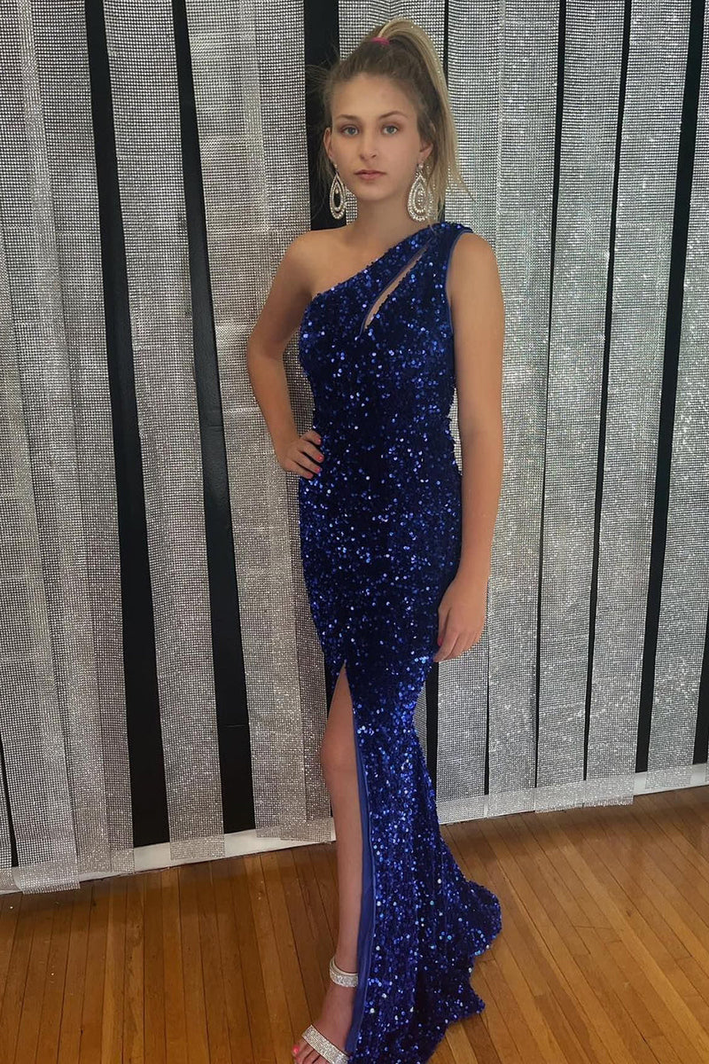 Load image into Gallery viewer, One Shoulder Sparkly Royal Blue Sequins Long Formal Dress with Slit