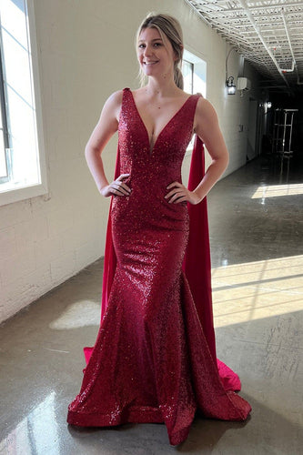 Deep V Neck Mermaid Burgundy Sparkly Sequins Long Formal Dress