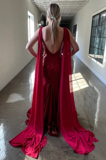 Deep V Neck Mermaid Burgundy Sparkly Sequins Long Formal Dress