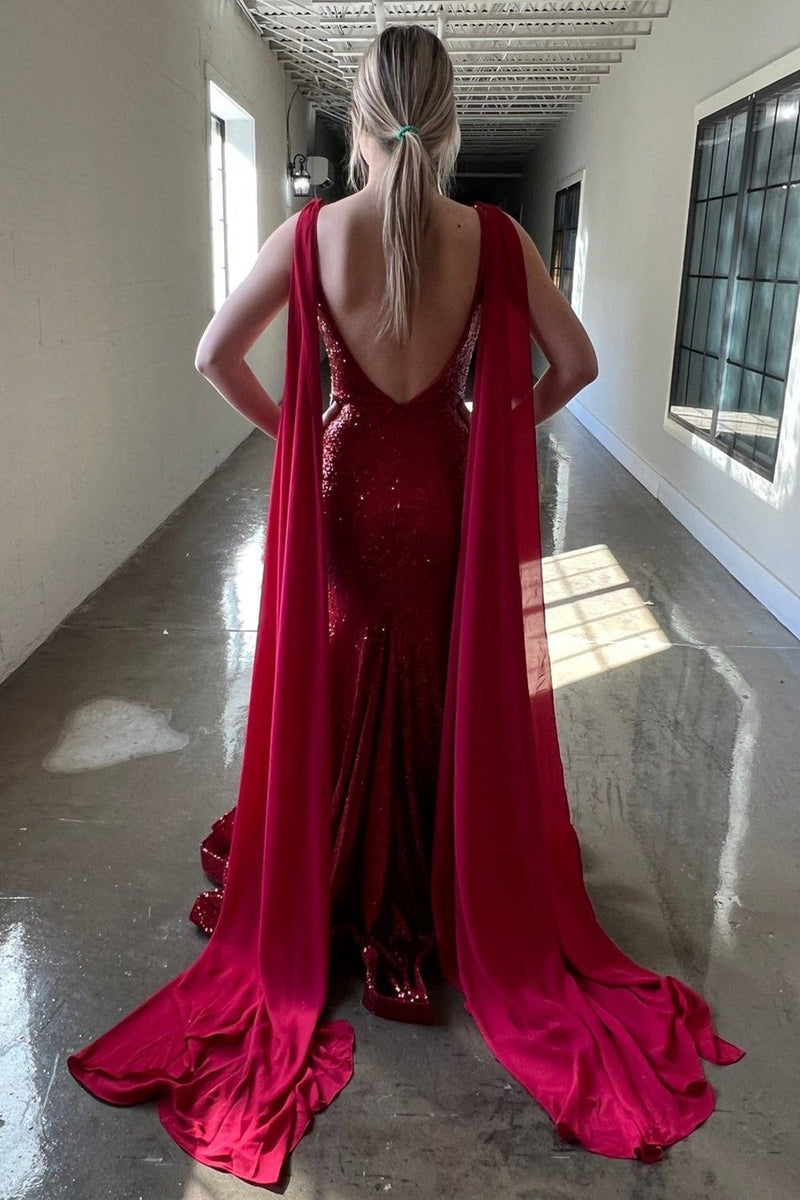 Load image into Gallery viewer, Deep V Neck Mermaid Burgundy Sparkly Sequins Long Formal Dress