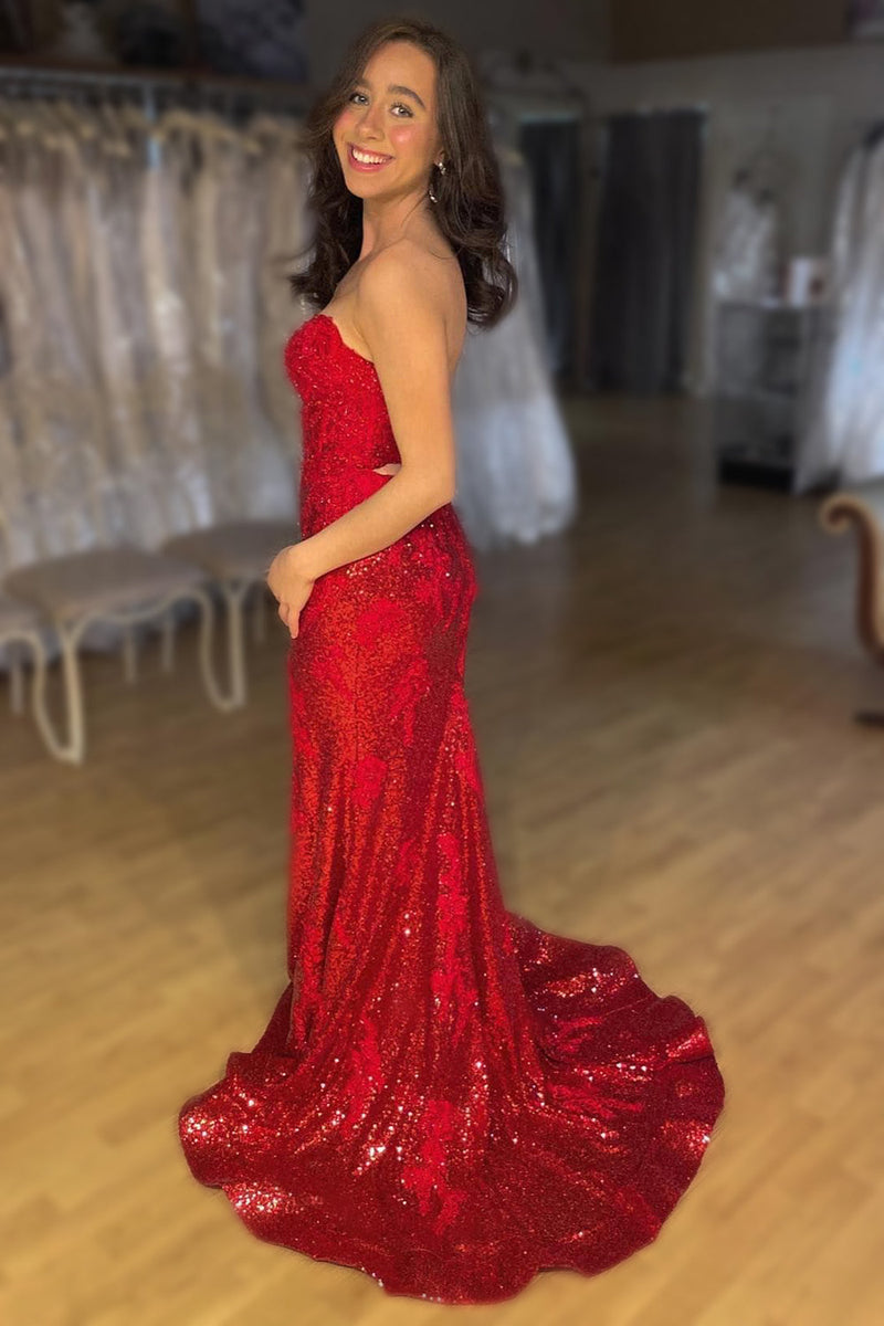 Load image into Gallery viewer, Mermaid Sweetheart Sparkly Red Sequins Long Formal Dress