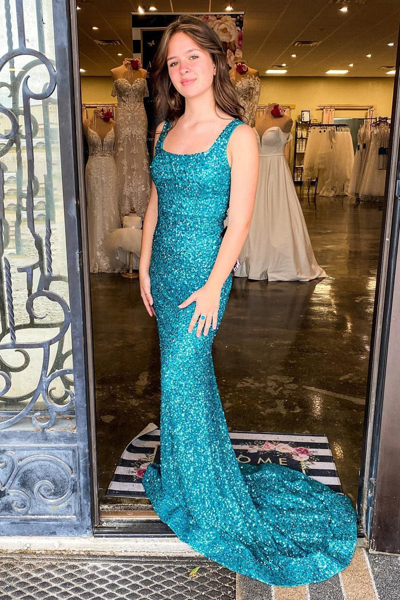 Load image into Gallery viewer, Mermaid Square Neck Sparkly Turquoise Sequins Long Formal Dress