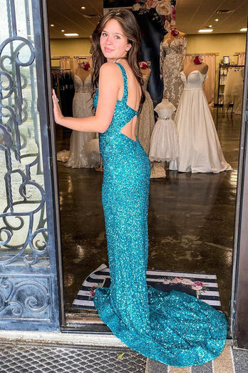 Mermaid Square Neck Sparkly Turquoise Sequins Long Formal Dress