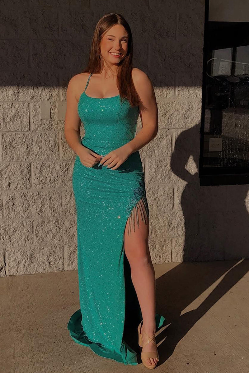 Load image into Gallery viewer, Mermaid Sparkly Green Sequins Long Formal Dress with Tassel