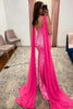 Load image into Gallery viewer, V-Neck Mermaid Sparkly Hot Pink Sequins Long Formal Dress with Slit