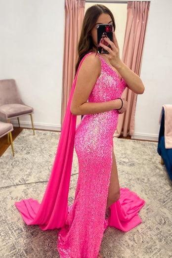 V-Neck Mermaid Sparkly Hot Pink Sequins Long Formal Dress with Slit