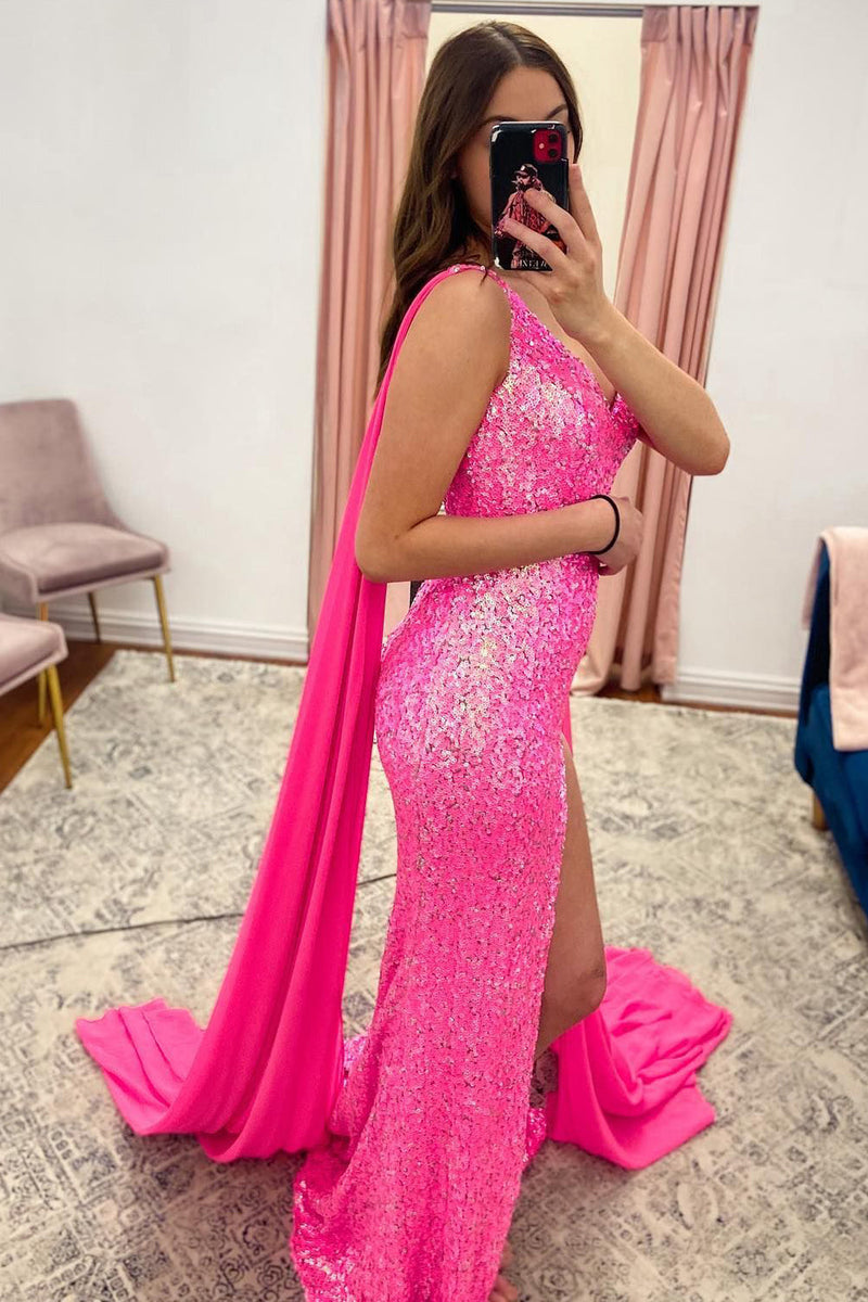 Load image into Gallery viewer, V-Neck Mermaid Sparkly Hot Pink Sequins Long Formal Dress with Slit