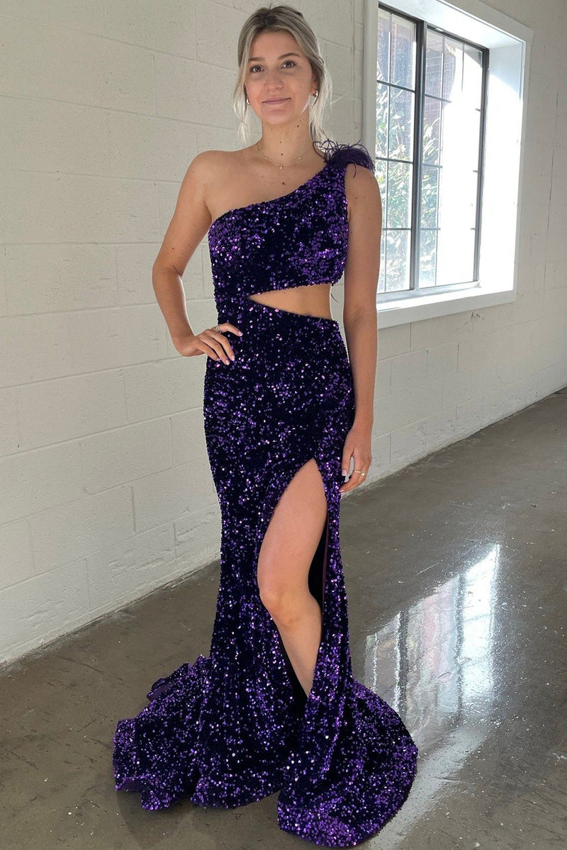 Load image into Gallery viewer, One Shoulder Purple Sparkly Mermaid Sequins Long Formal Dress with Slit