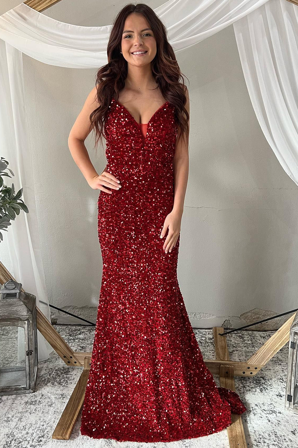 Deep V Neck Mermaid Sparkly Burgundy Sequins Long Formal Dress