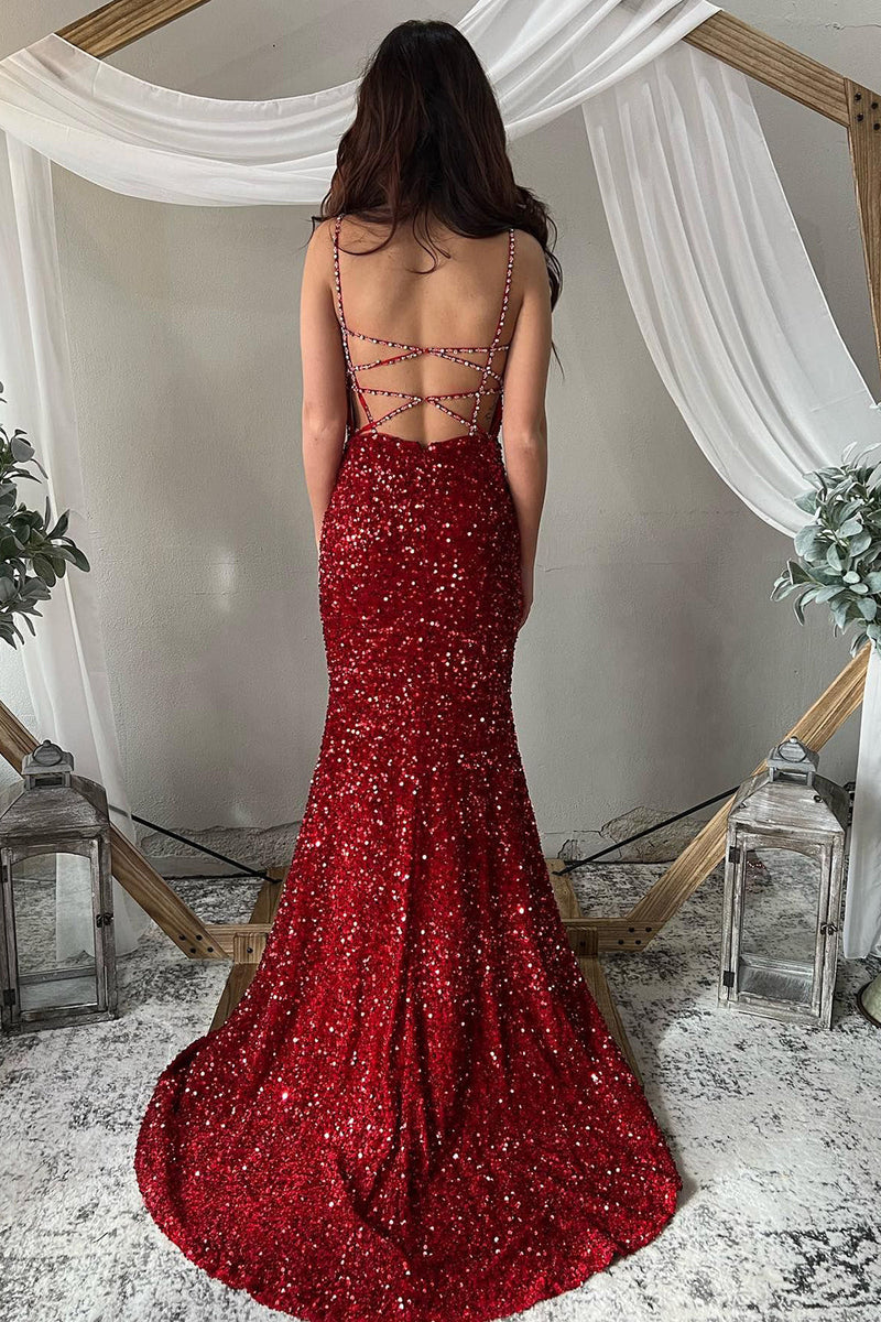 Load image into Gallery viewer, Deep V Neck Mermaid Sparkly Burgundy Sequins Long Formal Dress