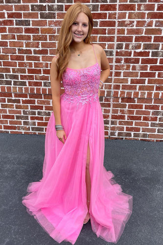 A-Line Tulle Spaghetti Straps Pink Long Formal Dress with Appliques