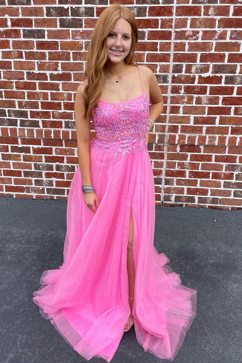 Load image into Gallery viewer, A-Line Tulle Spaghetti Straps Pink Long Formal Dress with Appliques