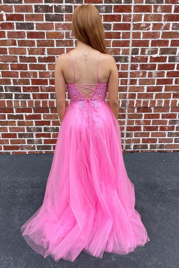 A-Line Tulle Spaghetti Straps Pink Long Formal Dress with Appliques