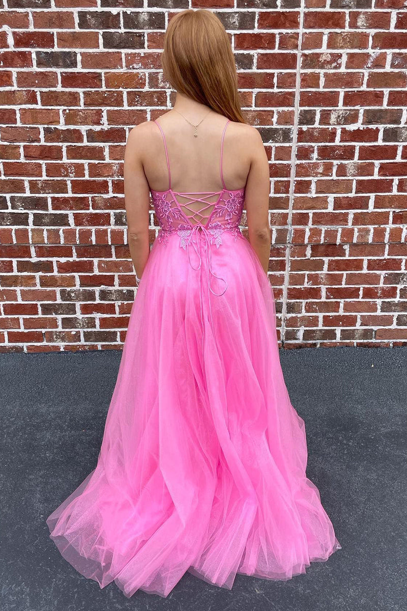 Load image into Gallery viewer, A-Line Tulle Spaghetti Straps Pink Long Formal Dress with Appliques