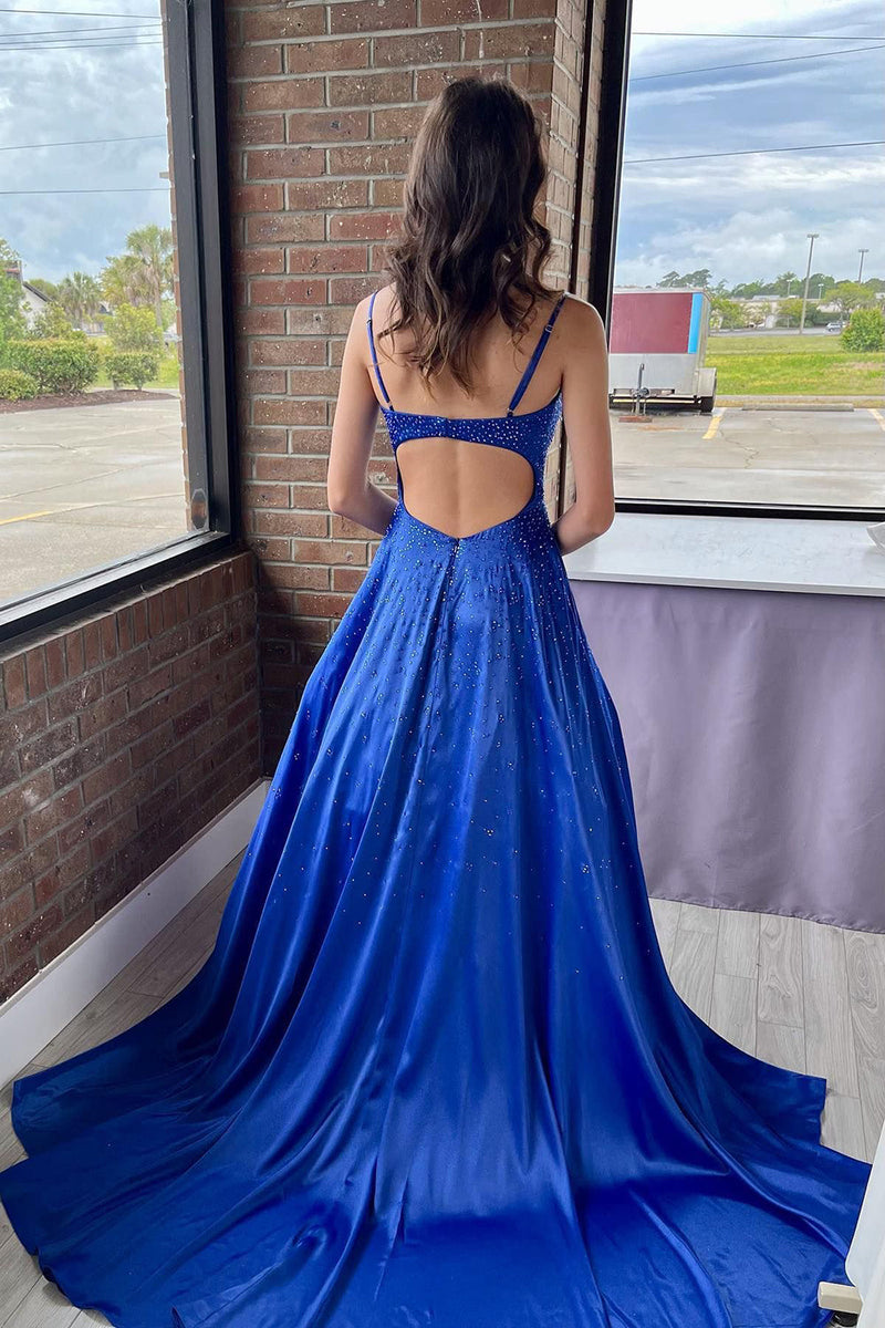 Load image into Gallery viewer, A-Line Spaghetti Straps Royal Blue Long Formal Dress with Beading