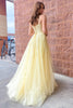 Load image into Gallery viewer, A-Line Tulle Spaghetti Straps Light Yellow Long Formal Dress with Appliques