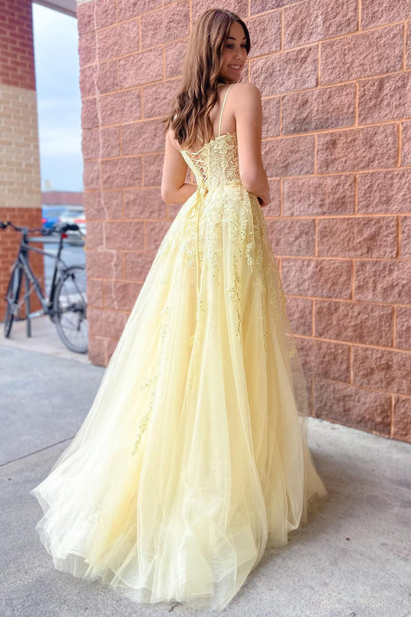 Load image into Gallery viewer, A-Line Tulle Spaghetti Straps Light Yellow Long Formal Dress with Appliques