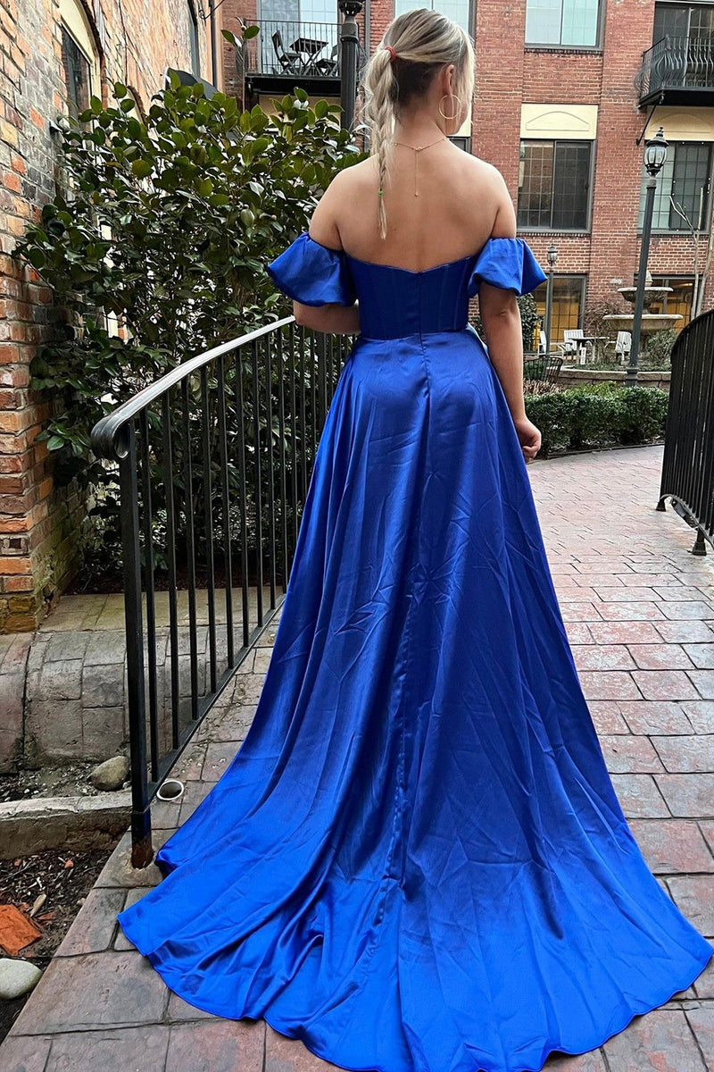 Load image into Gallery viewer, Off The Shoulder Sweetheart Royal Blue Long Formal Dress with Slit