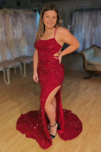 Lace-Up Mermaid Sparkly Burgundy Sequins Long Formal Dress with Slit