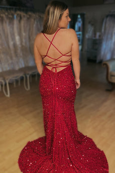 Lace-Up Mermaid Sparkly Burgundy Sequins Long Formal Dress with Slit