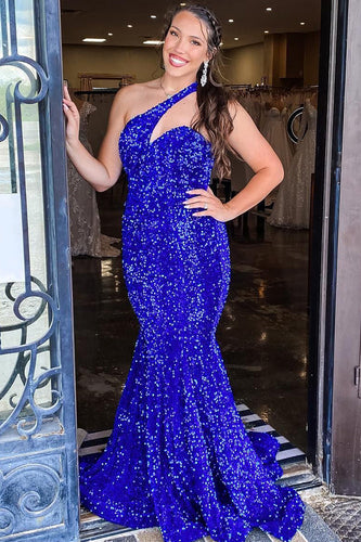 One Shoulder Royal Blue Sparkly Mermaid Sequins Long Formal Dress