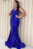 Load image into Gallery viewer, One Shoulder Royal Blue Sparkly Mermaid Sequins Long Formal Dress