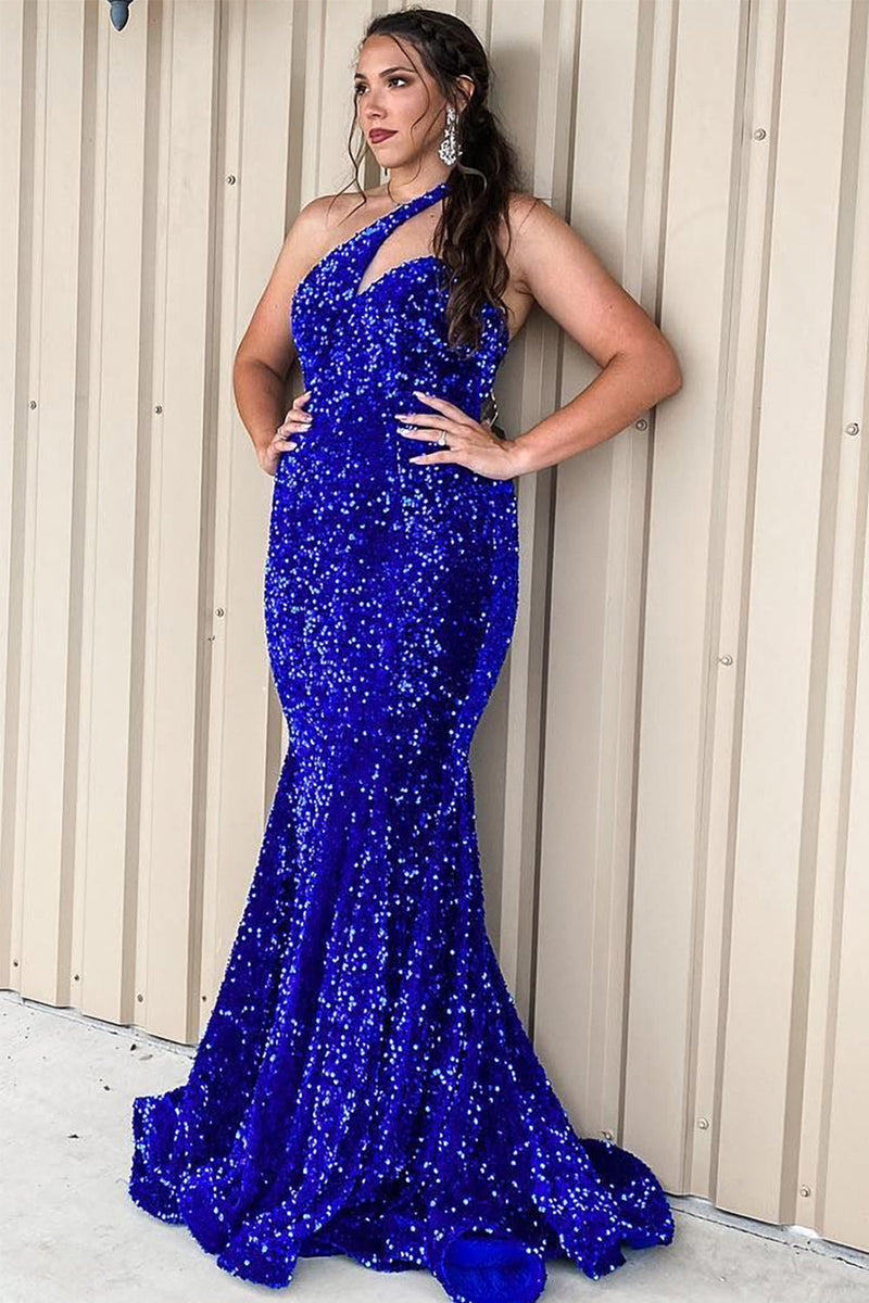 Load image into Gallery viewer, One Shoulder Royal Blue Sparkly Mermaid Sequins Long Formal Dress