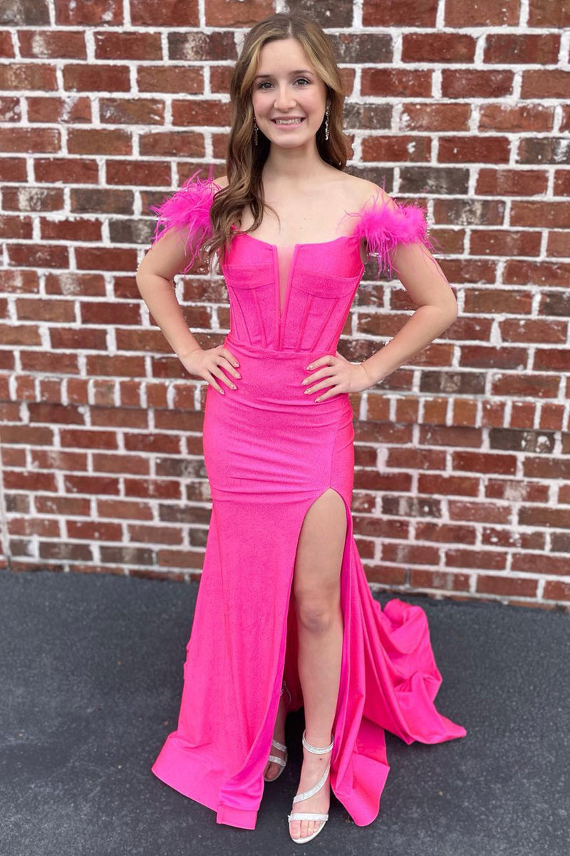 Load image into Gallery viewer, Off The Shoulder Hot Pink Mermaid Long Formal Dress with Feathers