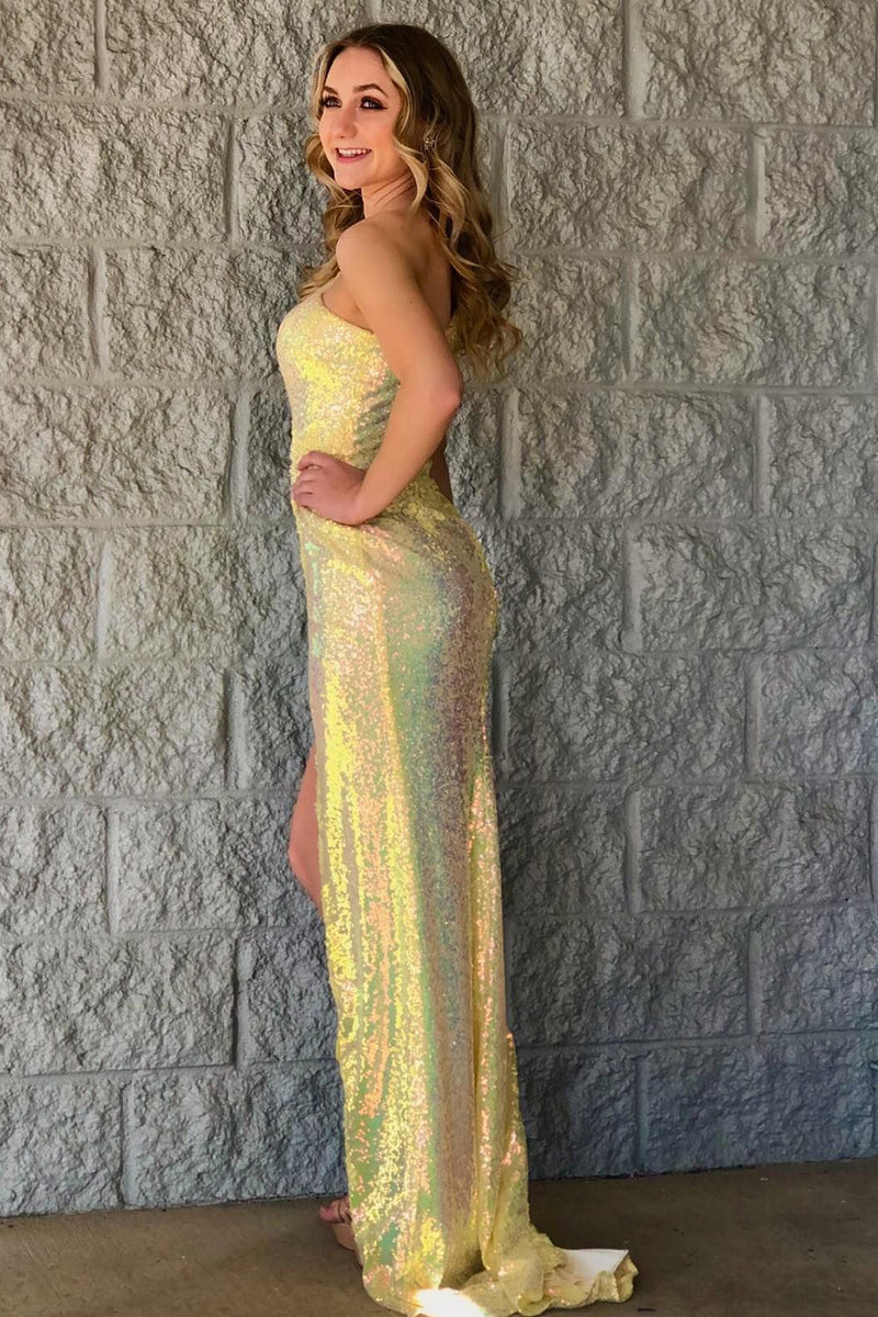 Load image into Gallery viewer, Sparkly Yellow Sequins Mermaid Long Formal Dress with Appliques