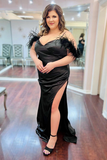 Plus Size Mermaid Black Long Formal Dress with Feathers