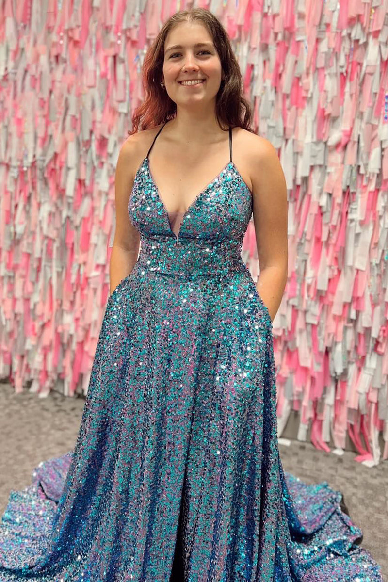 Load image into Gallery viewer, Sparkly Blue A-Line Sequins Long Formal Dress with Pockets