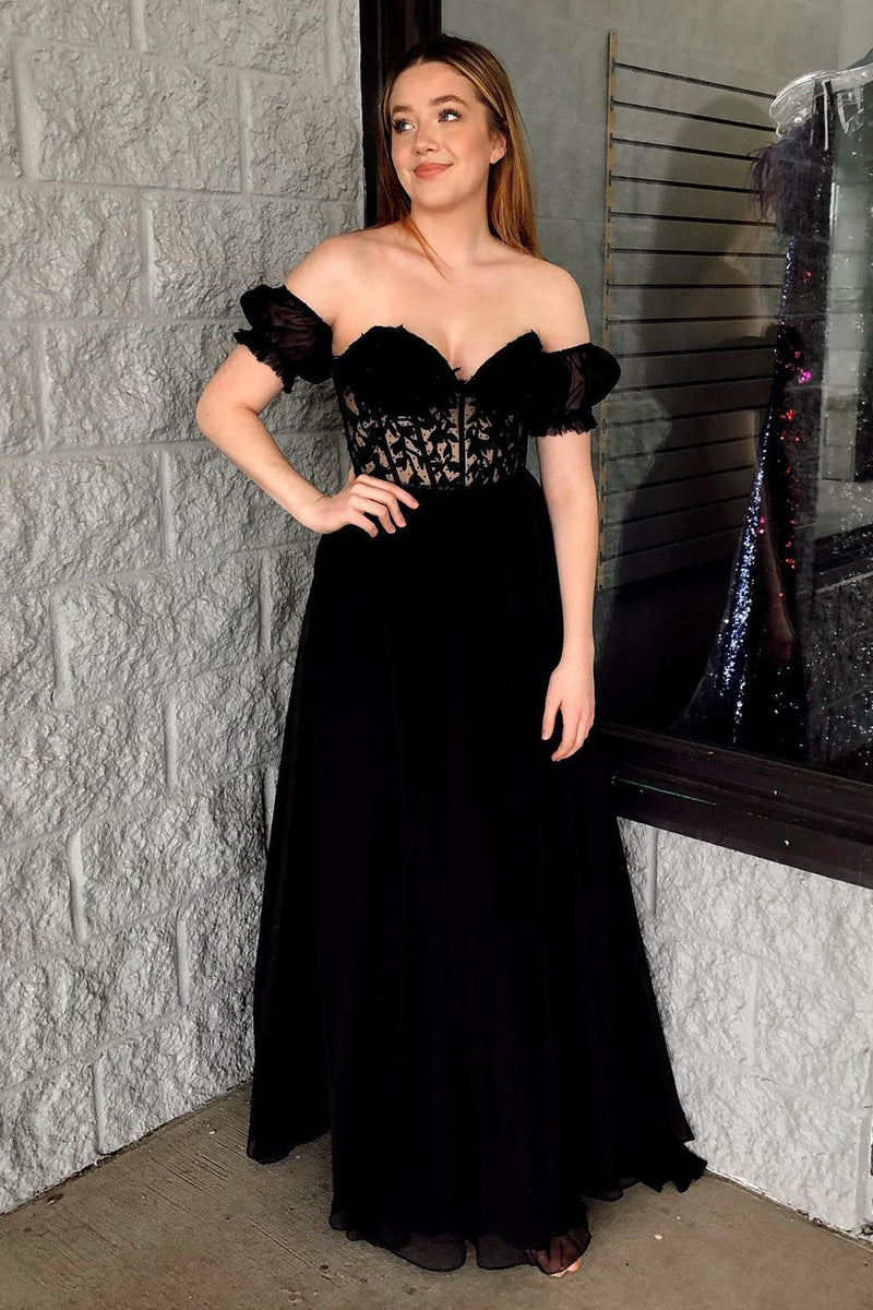 Load image into Gallery viewer, Black Corset A-Line Lace Long Formal Dress