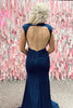 Load image into Gallery viewer, Navy Mermaid Sequins High Neck Open Back Long Formal Dress