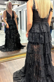 Sparkly Black Tiered Long Formal Dress with Slit