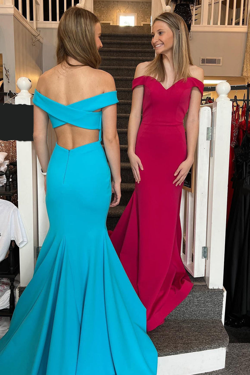 Load image into Gallery viewer, Simple Blue Mermaid Off the Shoulder Open Back Long Formal Dress