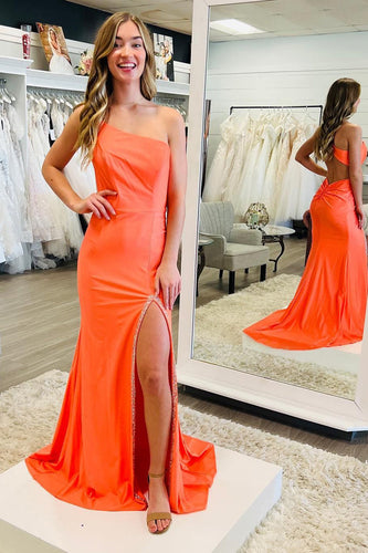 Orange Mermaid One Shoulder Open Back Long Formal Dress with Slit