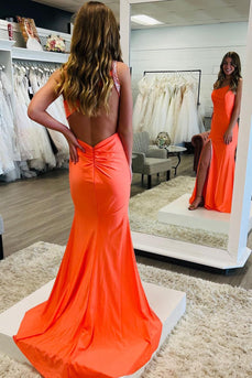 Orange Mermaid One Shoulder Open Back Long Formal Dress with Slit