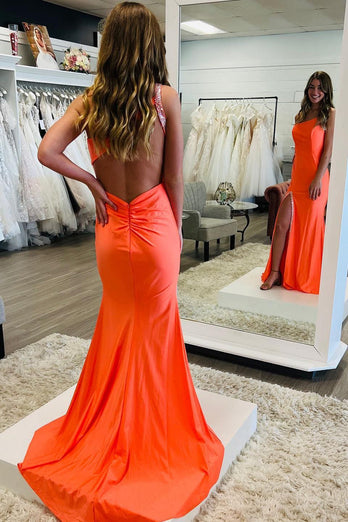 Orange Mermaid One Shoulder Open Back Long Formal Dress with Slit