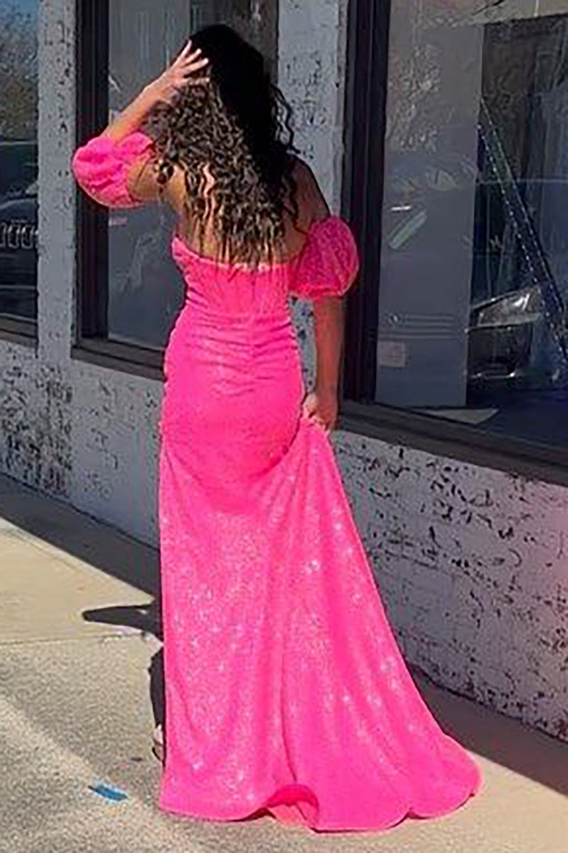 Load image into Gallery viewer, Sparkly Hot Pink Mermaid Sequins Long Formal Dress with Detachable Sleeves