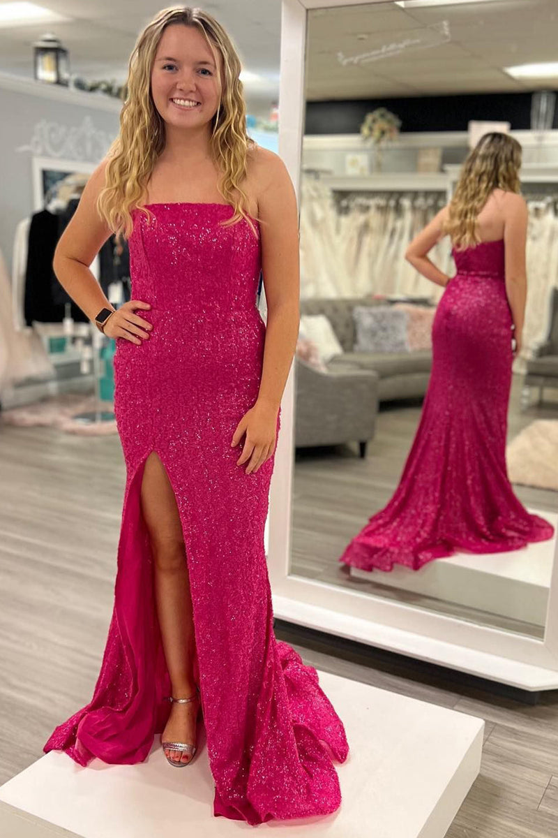 Load image into Gallery viewer, Sparkly Hot Pink Sheath Sequins Long Formal Dress with Slit