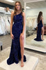 Load image into Gallery viewer, Sparkly Dark Blue Sequins Mermaid One Shoulder Long Formal Dress with Slit