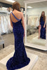 Load image into Gallery viewer, Sparkly Dark Blue Sequins Mermaid One Shoulder Long Formal Dress with Slit