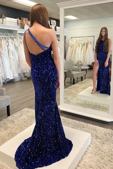 Sparkly Dark Blue Sequins Mermaid One Shoulder Long Formal Dress with Slit