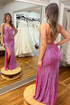 Sparkly Purple Mermaid Sequins Long Formal Dress with Slit