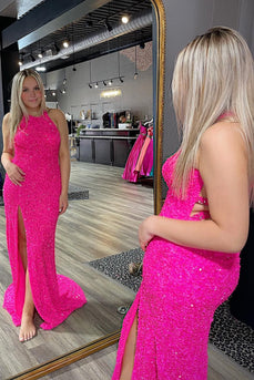 Sparkly Hot Pink Mermaid Sequins Halter Long Formal Dress with Slit